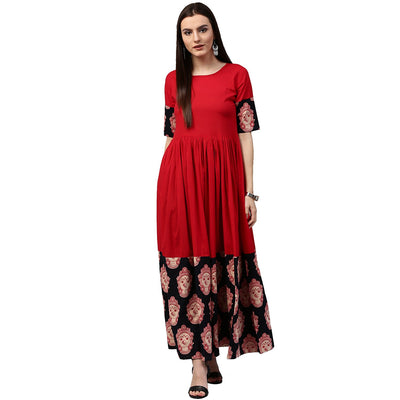 Red and black printed half sleeve cotton A-line kurta