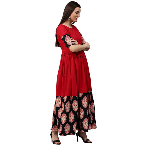 Red and black printed half sleeve cotton A-line kurta
