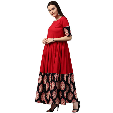 Red and black printed half sleeve cotton A-line kurta
