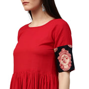Red and black printed half sleeve cotton A-line kurta
