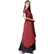 Red printed short sleeve cotton kurta with blue printed skirt