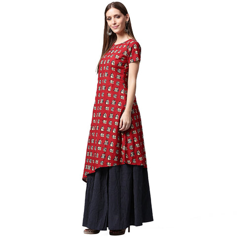 Red printed short sleeve cotton kurta with blue printed skirt