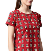 Red printed short sleeve cotton kurta with blue printed skirt
