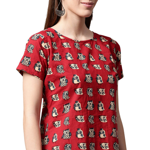 Red printed short sleeve cotton kurta with blue printed skirt
