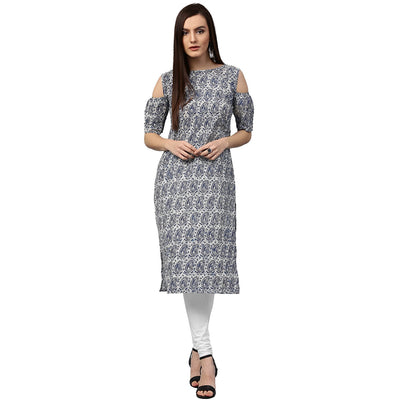 Blue printed half sleeve cold shoulder cotton kurta