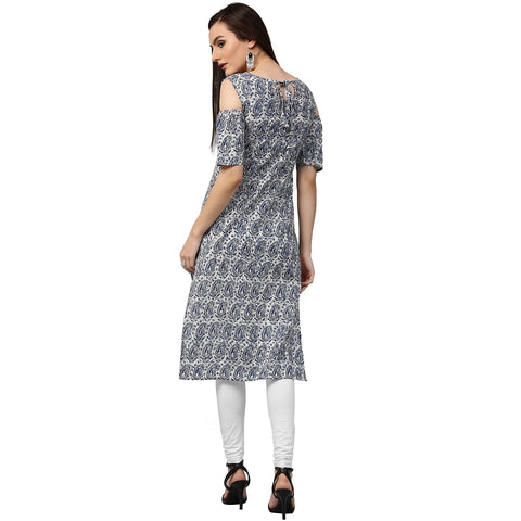 Blue printed half sleeve cold shoulder cotton kurta