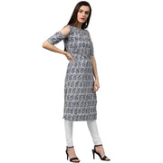 Blue printed half sleeve cold shoulder cotton kurta
