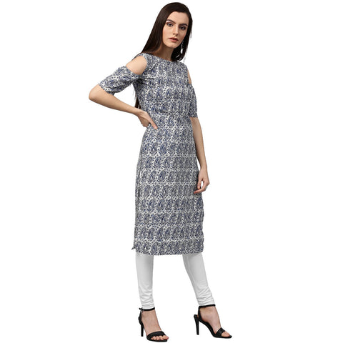 Blue printed half sleeve cold shoulder cotton kurta
