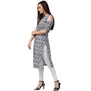 Blue printed half sleeve cold shoulder cotton kurta