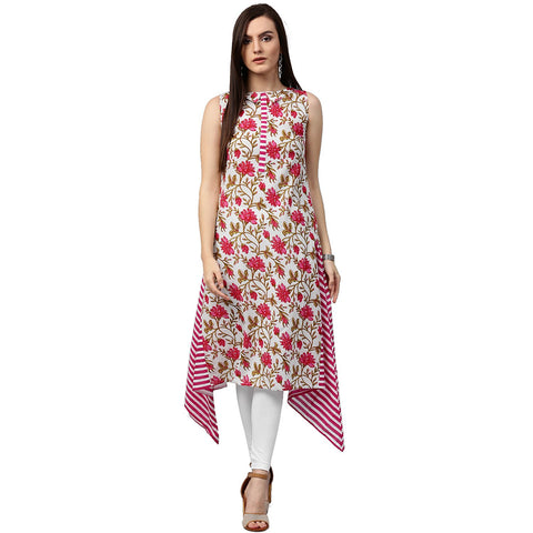 Pink printed sleeveless cotton A-line kurta