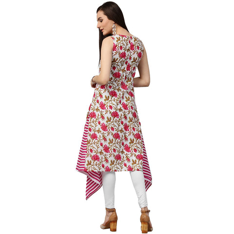 Pink printed sleeveless cotton A-line kurta