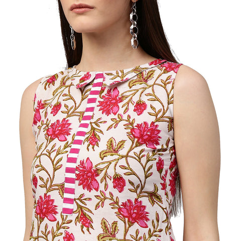 Pink printed sleeveless cotton A-line kurta