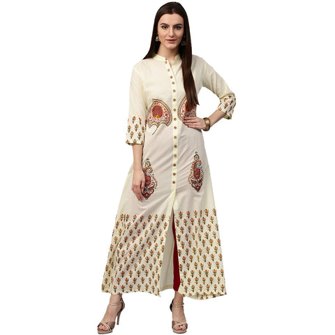 Off white printed 3/4th sleeve long cotton kurta