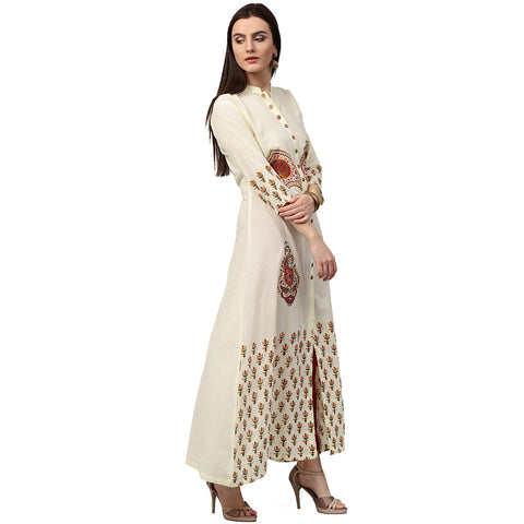 Off white printed 3/4th sleeve long cotton kurta