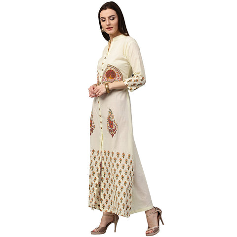 Off white printed 3/4th sleeve long cotton kurta