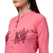 Red printed 3/4th sleeve cotton A-line kurta