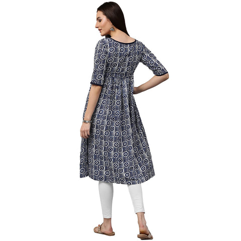 Blue printed half sleeve cotton cropped anarkali kurta