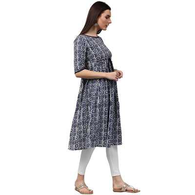 Blue printed half sleeve cotton cropped anarkali kurta
