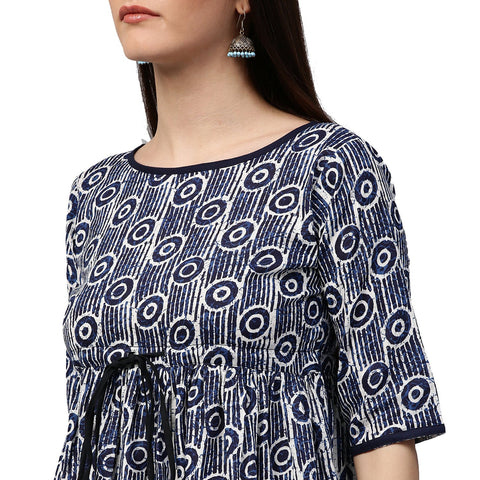 Blue printed half sleeve cotton cropped anarkali kurta