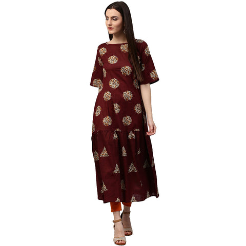 Maroon printed half sleeve cotton kurta