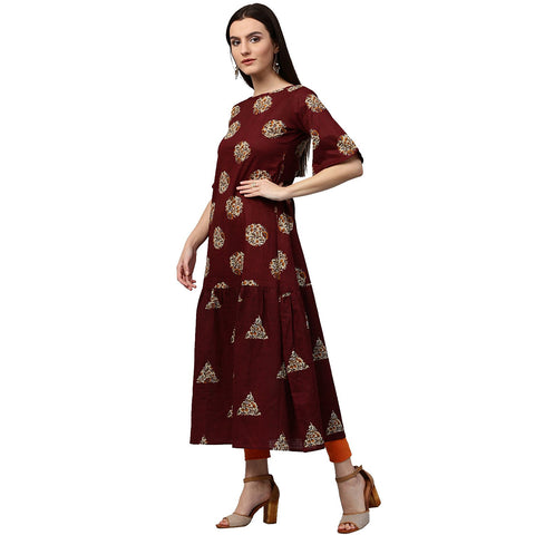 Maroon printed half sleeve cotton kurta