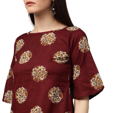Maroon printed half sleeve cotton kurta