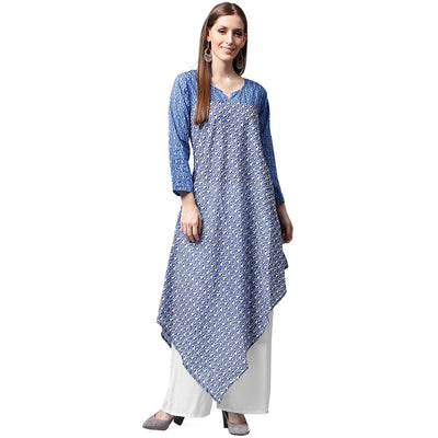 Blue printed 3/4th sleeve cotton A-line kurta