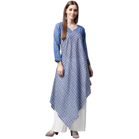 Blue printed 3/4th sleeve cotton A-line kurta