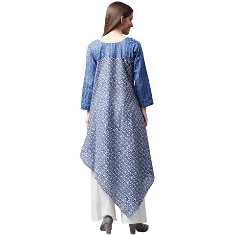 Blue printed 3/4th sleeve cotton A-line kurta