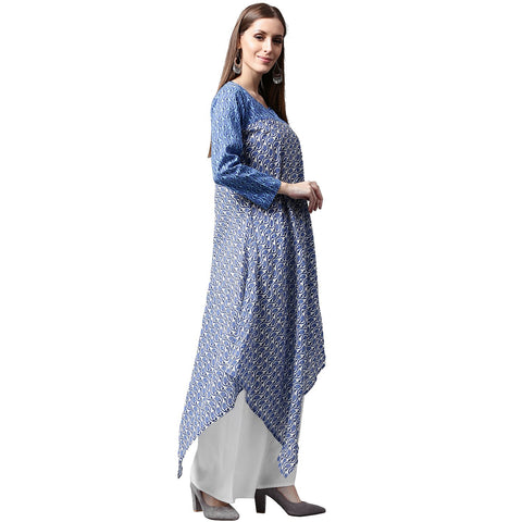 Blue printed 3/4th sleeve cotton A-line kurta