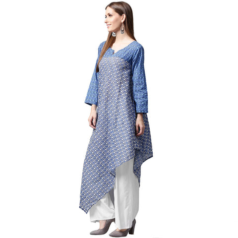 Blue printed 3/4th sleeve cotton A-line kurta