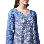Blue printed 3/4th sleeve cotton A-line kurta