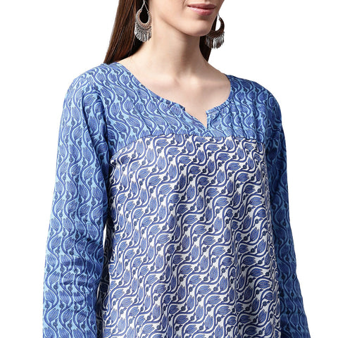 Blue printed 3/4th sleeve cotton A-line kurta