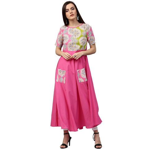 Pink printed half sleeve cotton anarkali kurta with pocket
