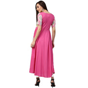 Pink printed half sleeve cotton anarkali kurta with pocket