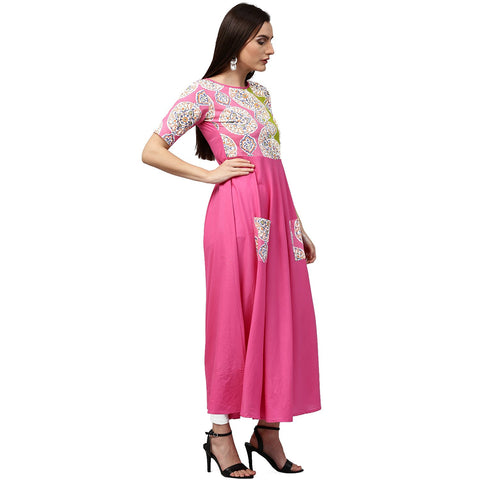 Pink printed half sleeve cotton anarkali kurta with pocket