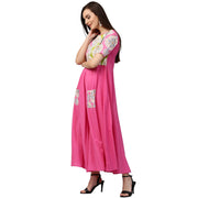 Pink printed half sleeve cotton anarkali kurta with pocket