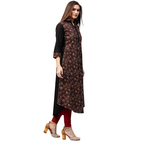 Black & Golden printed 3/4th sleeve cotton A-line kurta