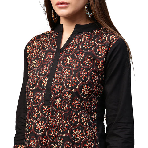 Black & Golden printed 3/4th sleeve cotton A-line kurta