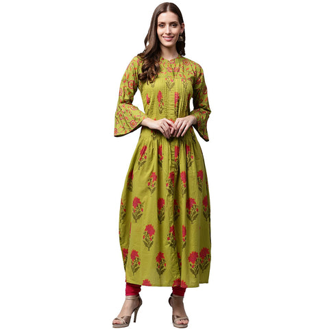 Green printed 3/4th sleeve cotton Anarkali kurta