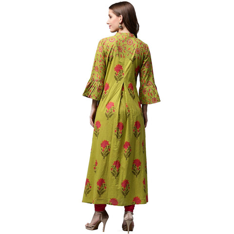 Green printed 3/4th sleeve cotton Anarkali kurta