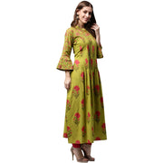 Green printed 3/4th sleeve cotton Anarkali kurta