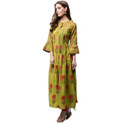 Green printed 3/4th sleeve cotton Anarkali kurta