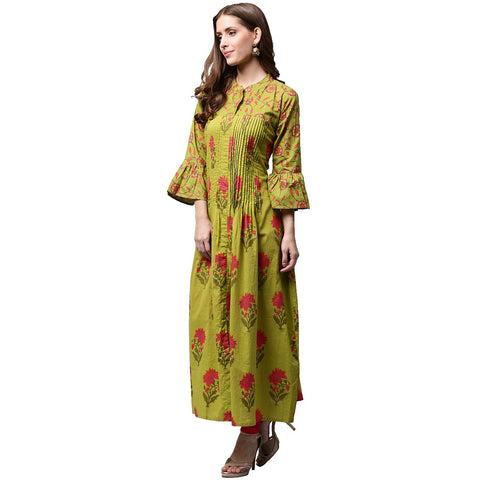 Green printed 3/4th sleeve cotton Anarkali kurta
