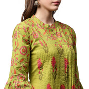 Green printed 3/4th sleeve cotton Anarkali kurta