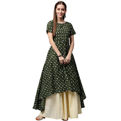 Green printed half sleeve cotton low high A-line kurta with Off white palazzo