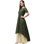 Green printed half sleeve cotton low high A-line kurta with Off white palazzo