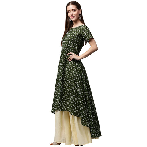 Green printed half sleeve cotton low high A-line kurta with Off white palazzo