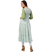 White & green printed 3/4th sleeve cotton Anarkali kurta