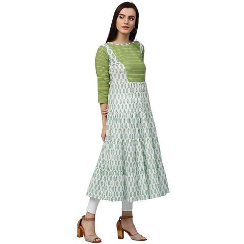 White & green printed 3/4th sleeve cotton Anarkali kurta